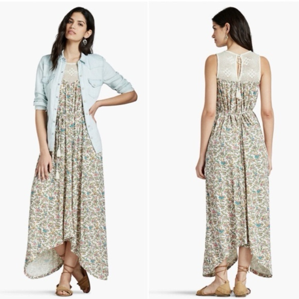 Lucky Brand Women's Maxi Dress Size Small Crochet Yoke Floral